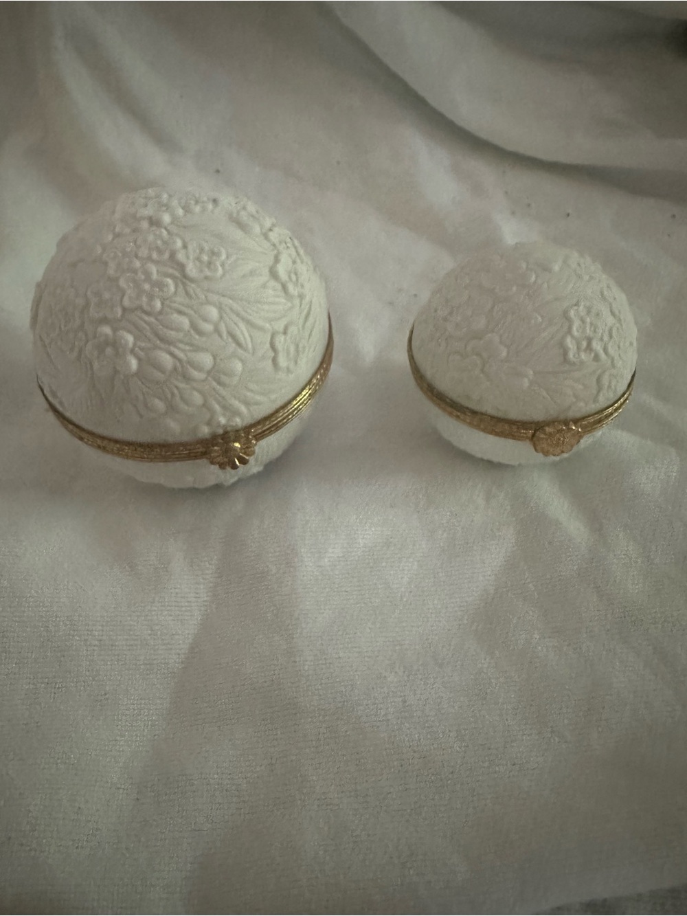 Limoges White Embossed Floral Trinket Boxes with Gold Trim - Set of 2